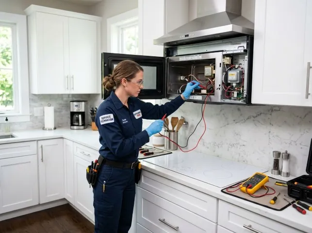 Appliance Repair Hero technician testing an over-the-range microwave in a Anderson, TX kitchen